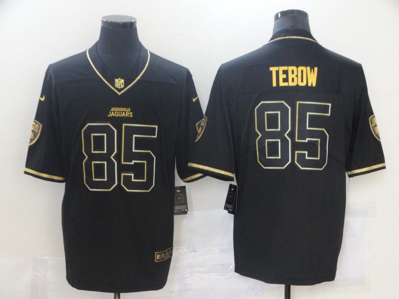 Men Jacksonville Jaguars #85 Tebow Black Retro Gold Lettering 2021 Nike NFL Jersey